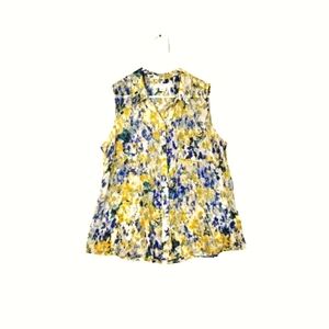 Liz Claiborne Blouse Women's PXL Sleeveless Pocket Blue Yellow Floral Button Up